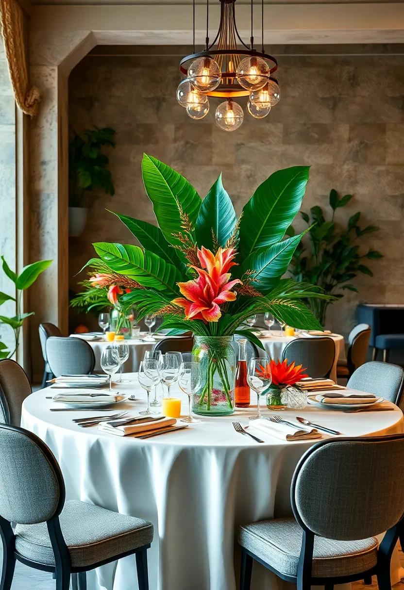 Tropical Foliage Fusion: Mix banana leaves and large tropical blooms, creating a lush jungle theme that transports diners to a paradise
