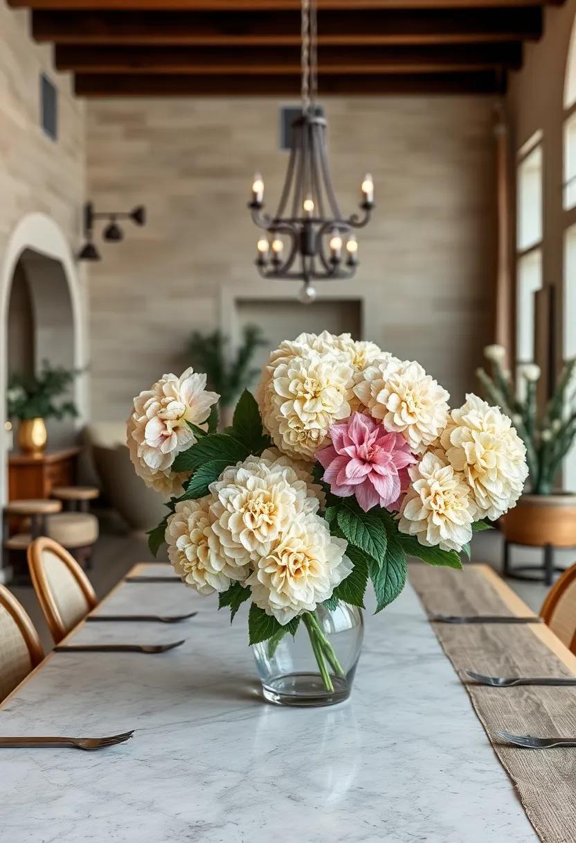 Vintage Hydrangea Display: Capture nostalgia with a soft, fluffy hydrangea arrangement in muted tones, perfect for classic and rustic dining settings