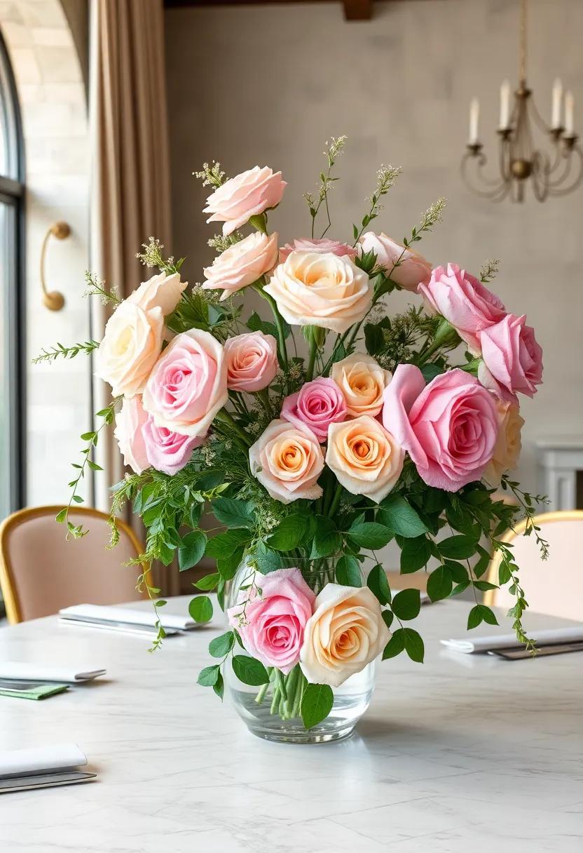 Whimsical Garden Roses: Feature garden roses in soft pastel shades, arranged with trailing vines and herbs for an enchanting and aromatic display