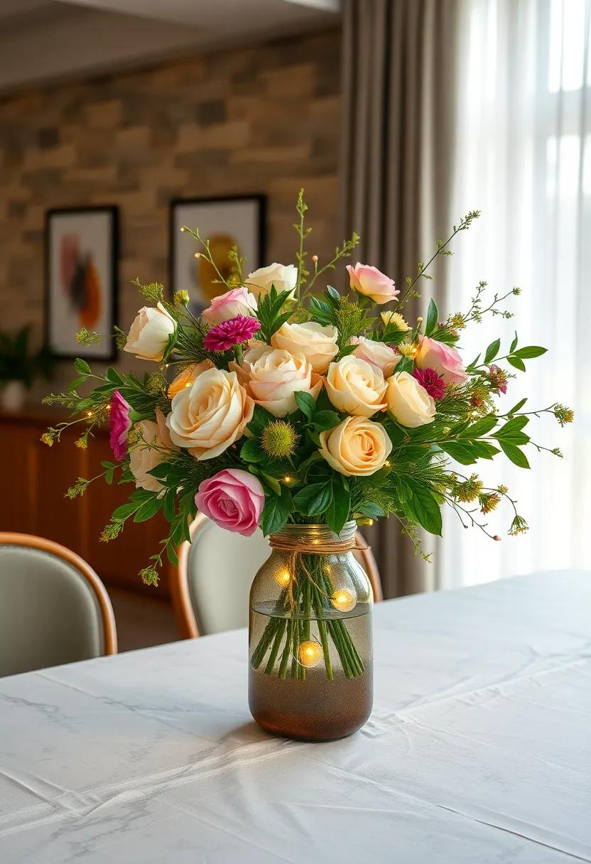 Whimsical Fairy tale: Create a fantasy atmosphere with fairy lights woven through a bouquet of roses, peonies, and greenery in a rustic vase