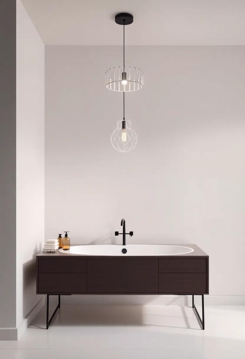 Statement Lighting Fixtures: Upgrade your bathroom ambiance with eye-catching pendant lights or sculptural chandeliers that serve as art pieces