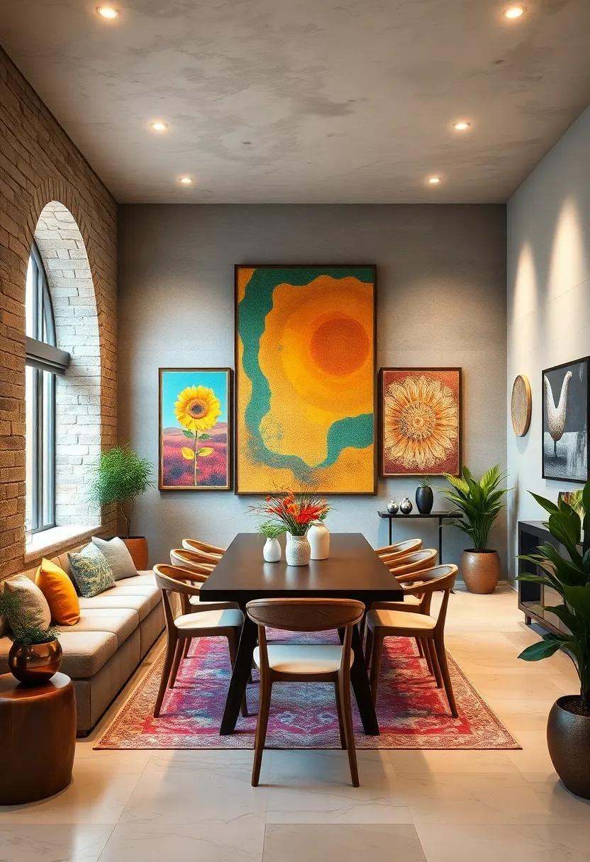 Colorful textile Art: Use woven tapestries or fabric pieces with rich textures and colors to add warmth and comfort to your dining space