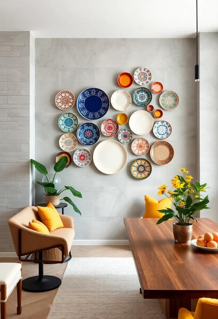 Vintage Plate Display: Curate a collection of decorative plates with unique patterns and colors, arranged artistically to create a vibrant focal point