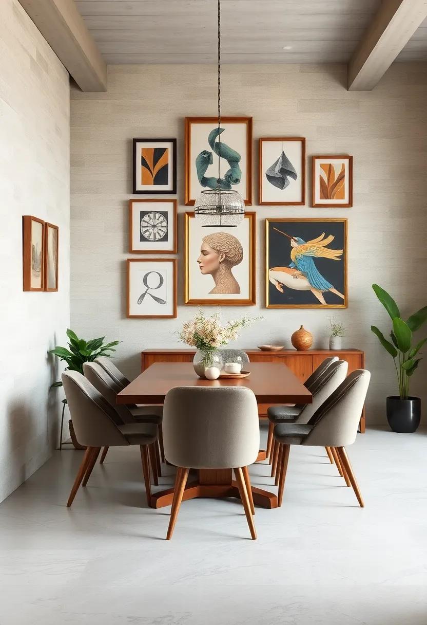 warm Wood Accents: Incorporate wooden frames and art pieces that lend a rustic charm, perfectly complementing a farmhouse-style dining space