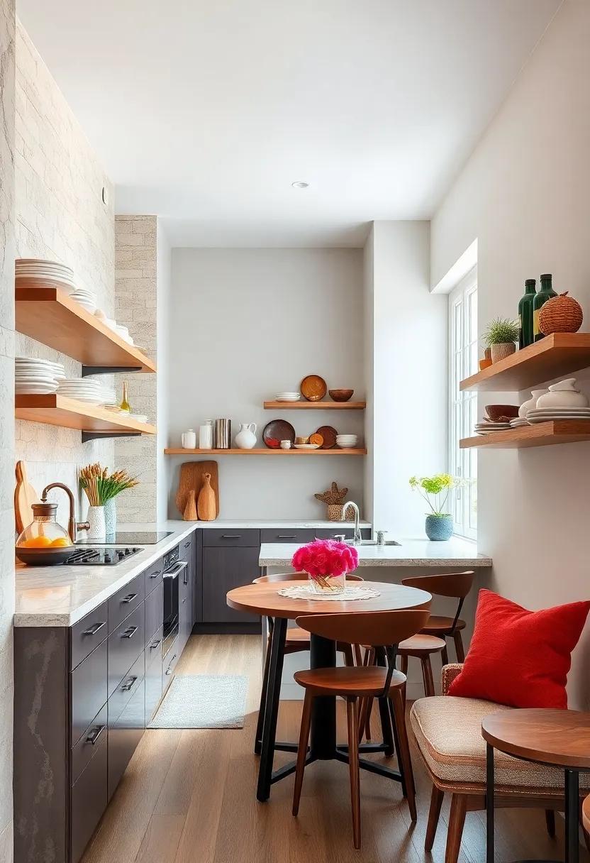 Creative Shelving: opt for open shelving to display your favorite dishes and spices, blending function with aesthetics