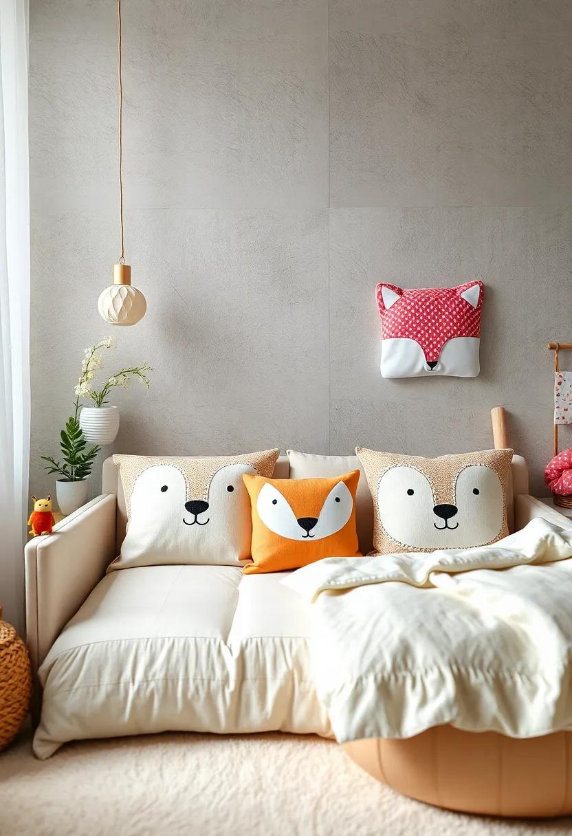 Sweet Animal Faces: Pillows that showcase the cute faces of bears,bunnies,or foxes add a touch of tenderness to the decor