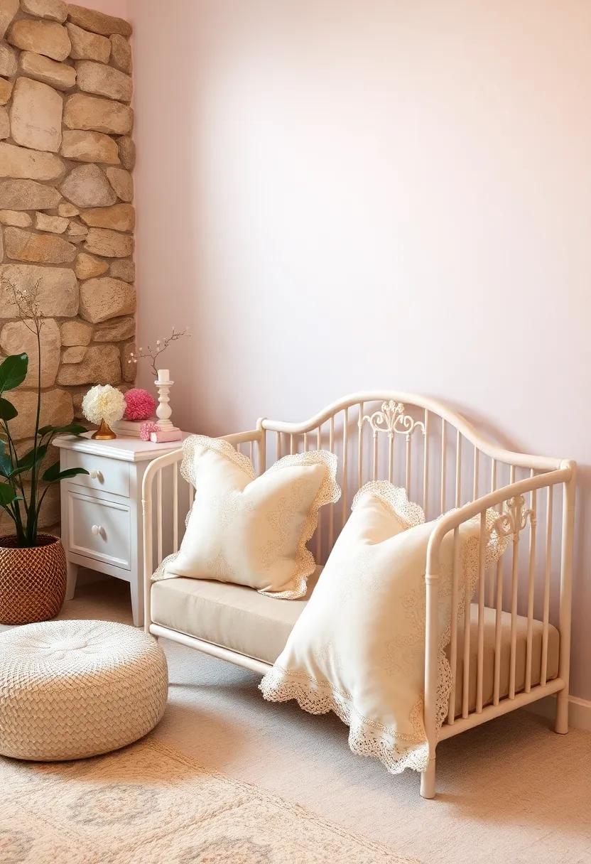 Vintage Lace Accents: Incorporate classic lace-edged pillows for a timeless touch that can complement antique nursery furniture