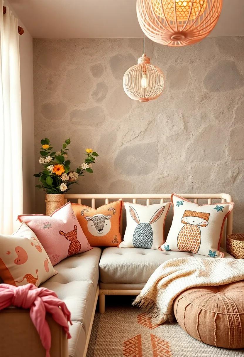 Whimsical Animal Prints: Soft pillows featuring adorable animal motifs bring a playful charm to any nursery space