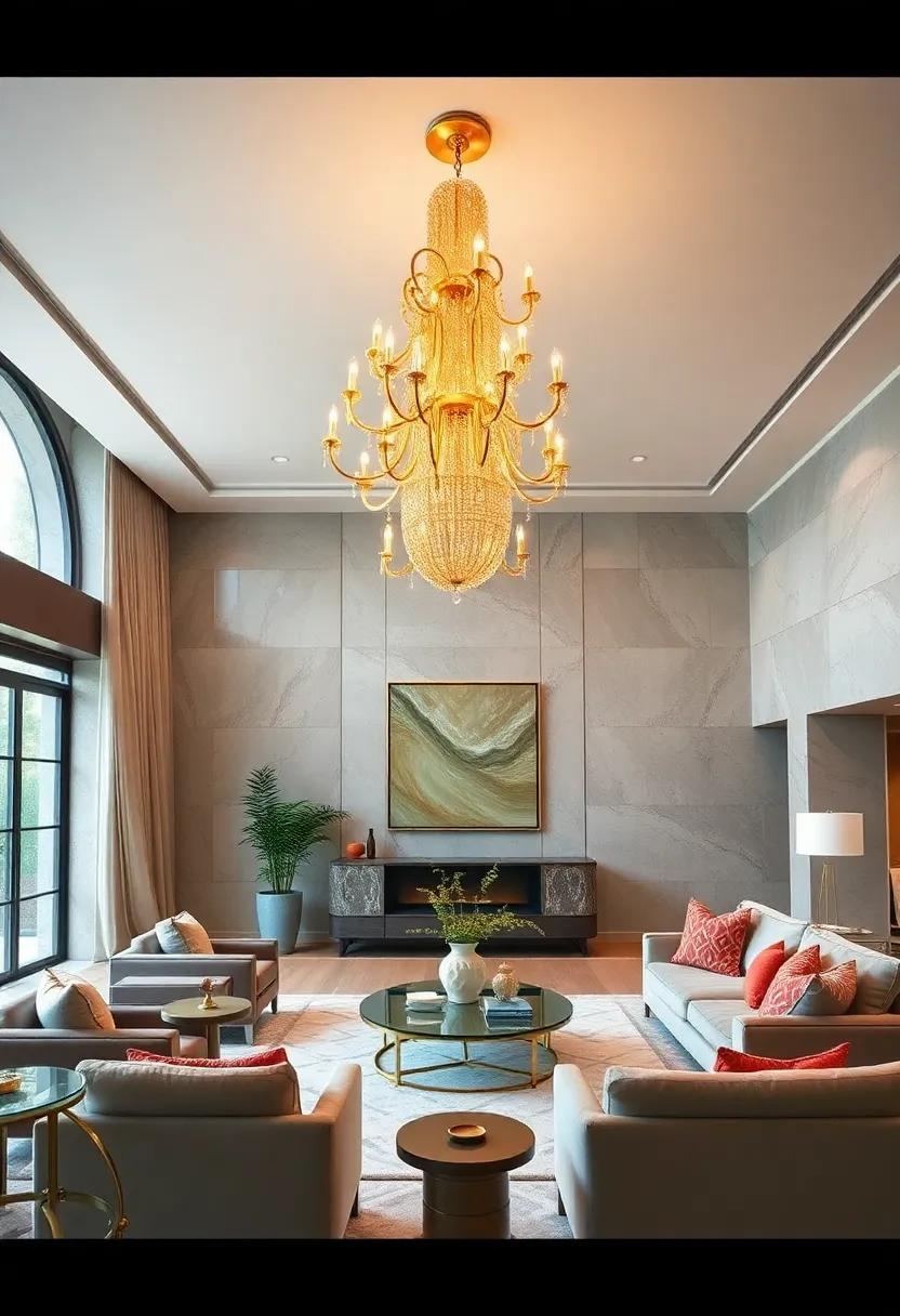 Breathtaking Opulence: Discover the allure of an oversized golden⁣ chandelier that transforms ⁢spacious​ living rooms into luxurious retreats