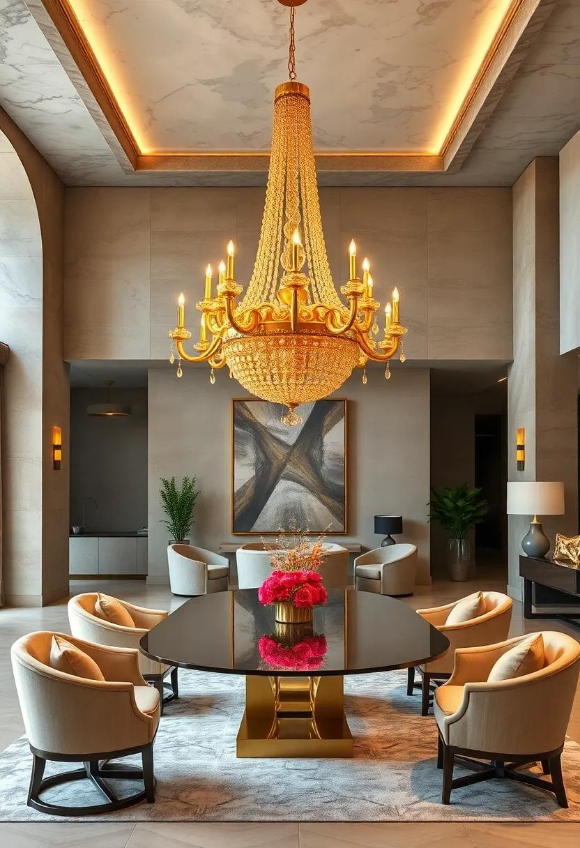 Statement Centerpiece: Elevate dining areas with a grand golden chandelier that commands‍ attention and sparks conversation ‍during dinner parties