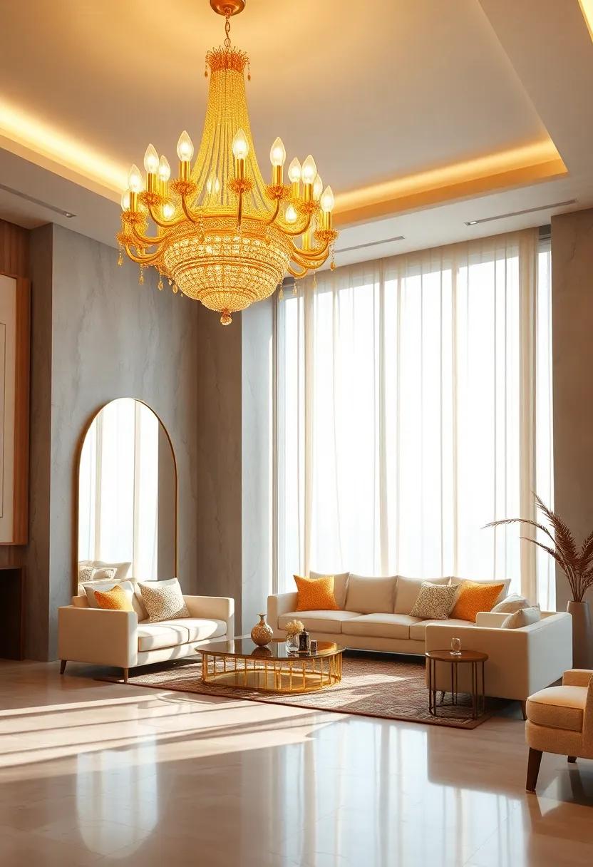 Reflections of Light: Harness the ⁤power⁤ of mirrors and‍ a golden chandelier to amplify light and create a luminous ‌effect throughout the room