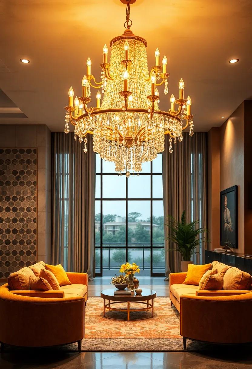 Crystal Elegance: Unveil the beauty of a⁤ golden chandelier ⁢adorned with⁢ delicate crystal ‌droplets, creating a stunning play of light and shadow