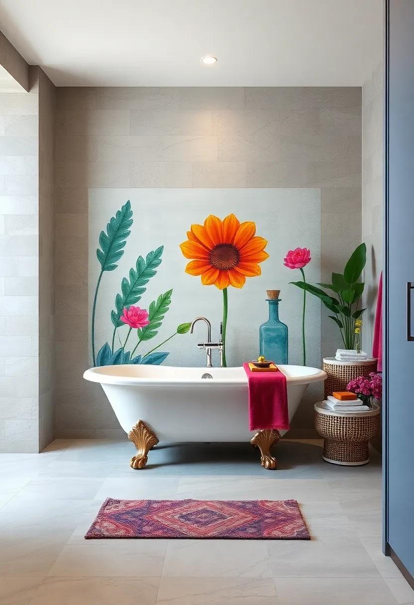 Artistic Flair: A striking mural behind a clawfoot tub adds a unique artistic touch, making this bathroom a true conversational piece