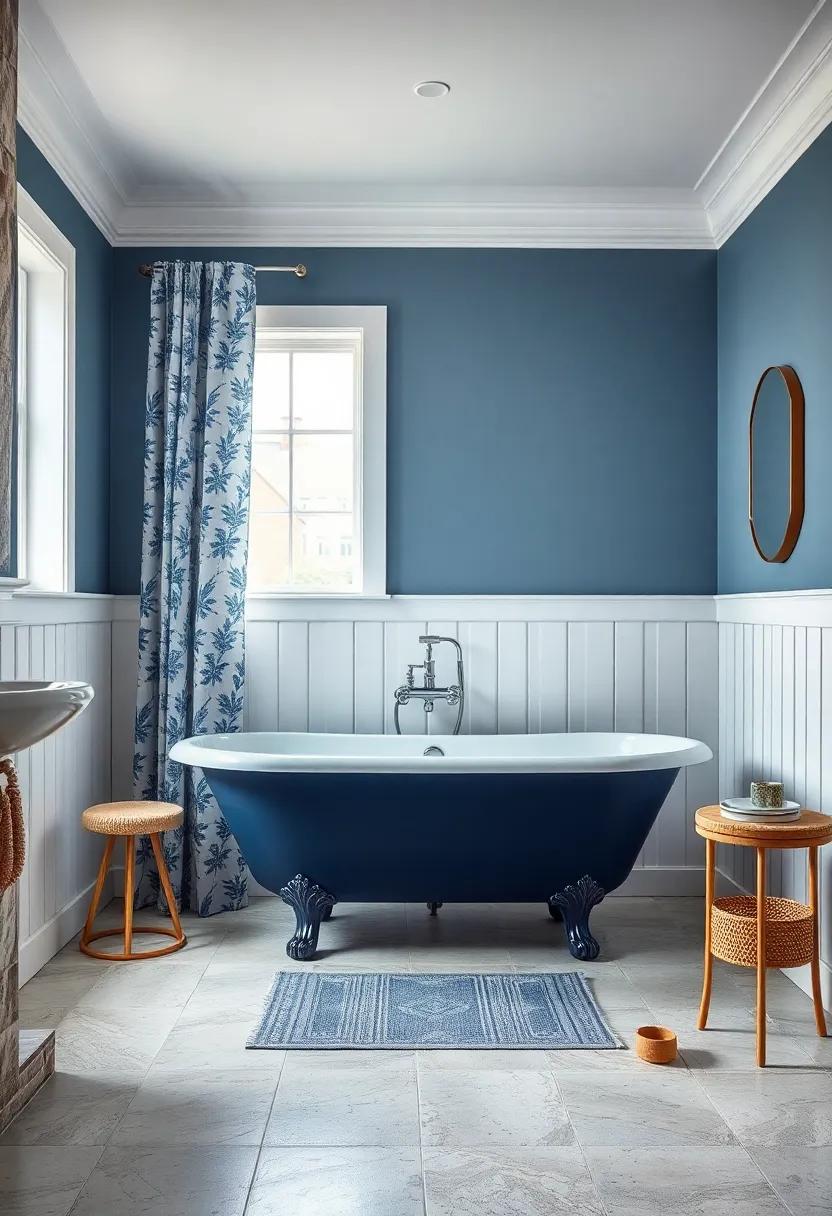 Blue-Hued Bliss: A deep navy clawfoot tub sits elegantly against a backdrop of white wainscoting and a whimsical patterned shower curtain