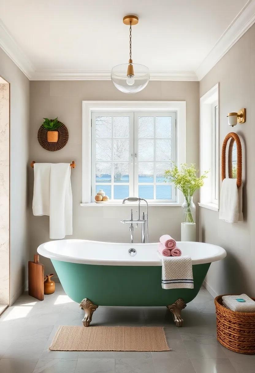 Coastal Retreat: A sea-glass green clawfoot tub anchors this airy bathroom infused with nautical decor and light, breezy fabrics
