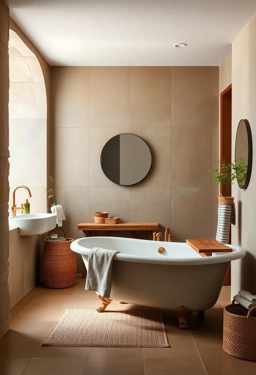 Earthy Tones: Rich, earthy colors surround a rustic clawfoot tub, complemented by woven textures and wooden accents for a cozy feel
