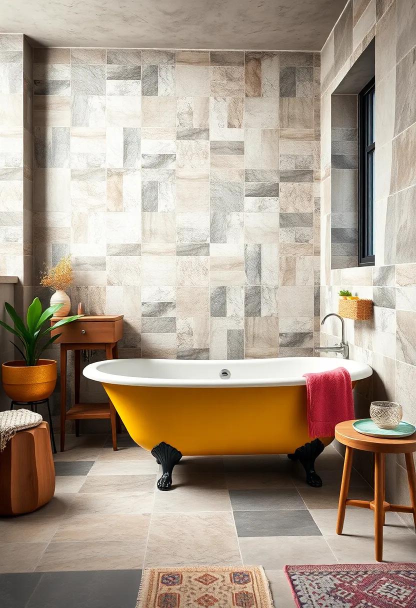 Eclectic Mix: Mismatched tiles and a brightly painted clawfoot tub create an inviting space that celebrates individuality and creativity