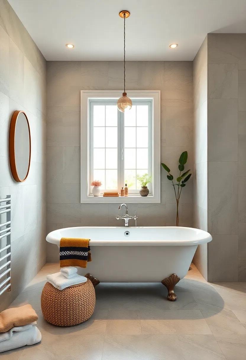 Eclectic Harmony: Mixing vintage and modern elements results in a stunning bathroom where a clawfoot tub takes center stage with flair
