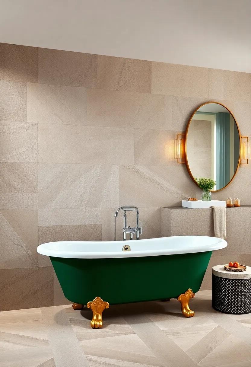 Jewel Box Elegance: A clawfoot tub in a rich emerald green set against a backdrop of plush textures and metallic accents feels truly opulent