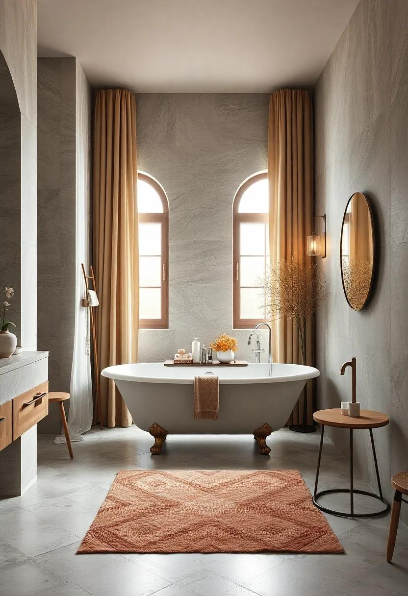 Luxurious Textures: Velvet drapes and a plush rug soften the look of a sleek clawfoot tub, transforming the bathroom into a plush retreat