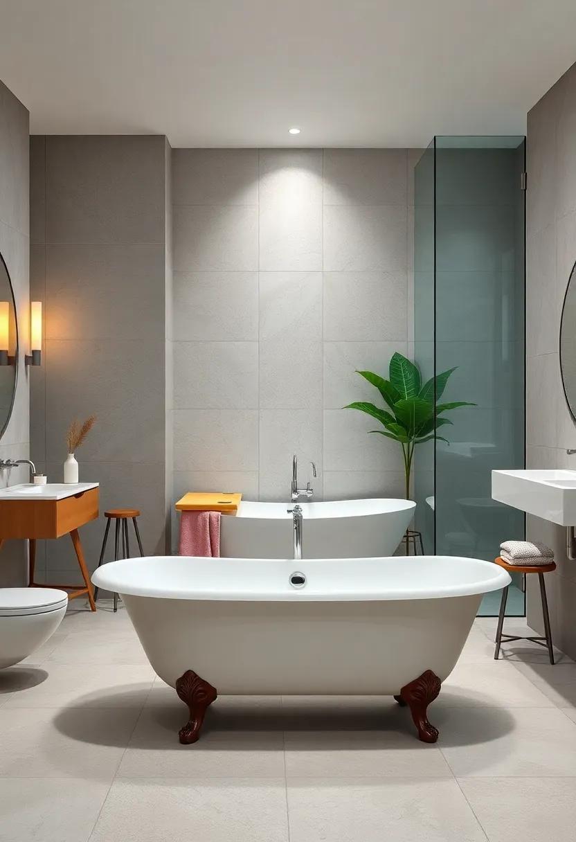 Modern Meets Classic: This bathroom features a sleek, freestanding clawfoot tub paired with geometric tile patterns for a refined contrast