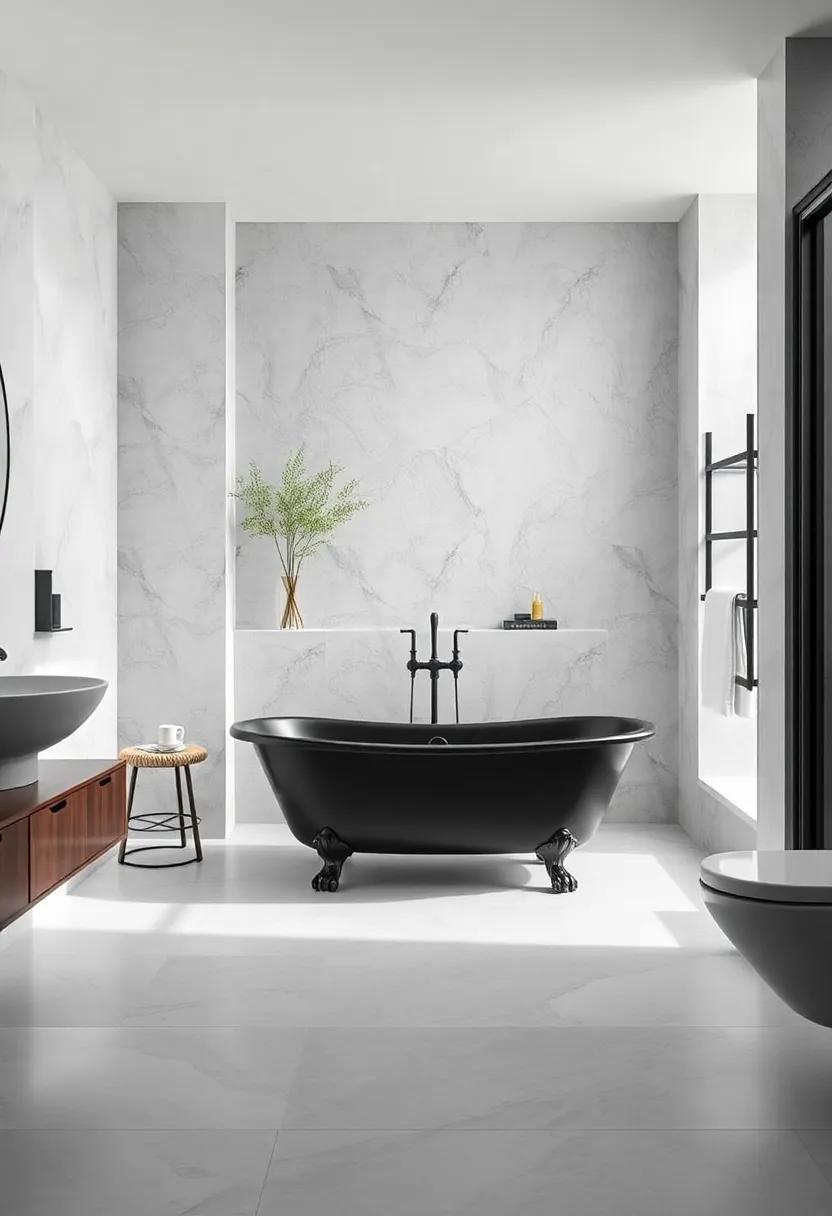 Monochromatic Magic: A striking black-and-white color scheme plays beautifully with a matte black clawfoot tub, exuding modern sophistication