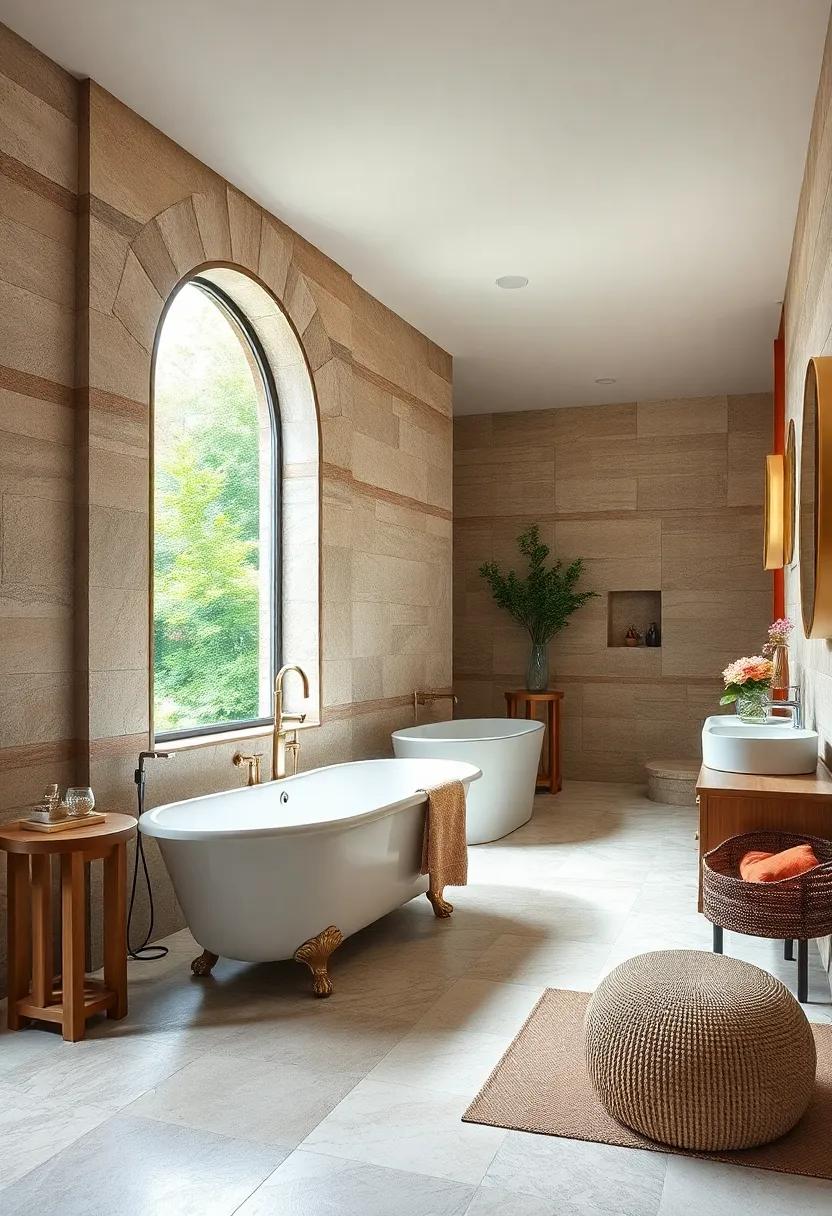 Nature's Embrace: Incorporating natural stone and organic textures, this bathroom features a clawfoot tub that seems to blend seamlessly with the outdoors