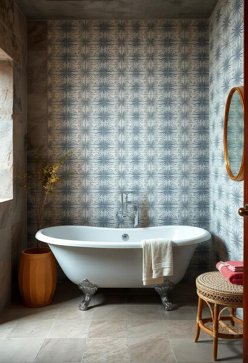 Playful Patterns: This whimsical bathroom features an intricately patterned wallpaper that frames a charming clawfoot tub, inviting playful aesthetics