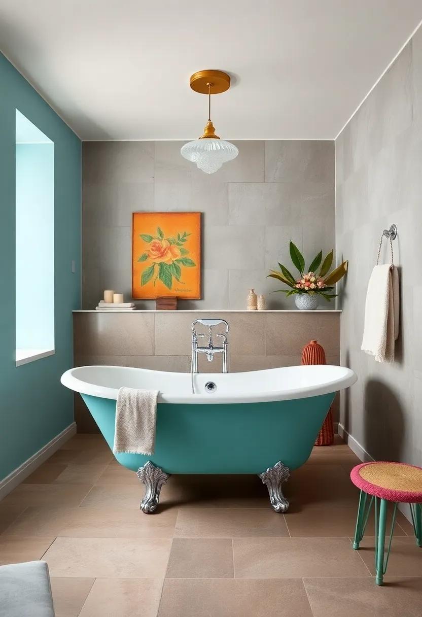 Retro Revival: bright colors and quirky decor revive the spirit of yesteryear with a cheerful,playful clawfoot tub as the focal point