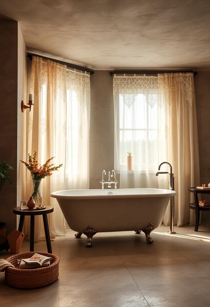 Romantic Retreat: Soft lighting and delicate lace curtains surround a clawfoot tub, creating an intimate atmosphere perfect for relaxation