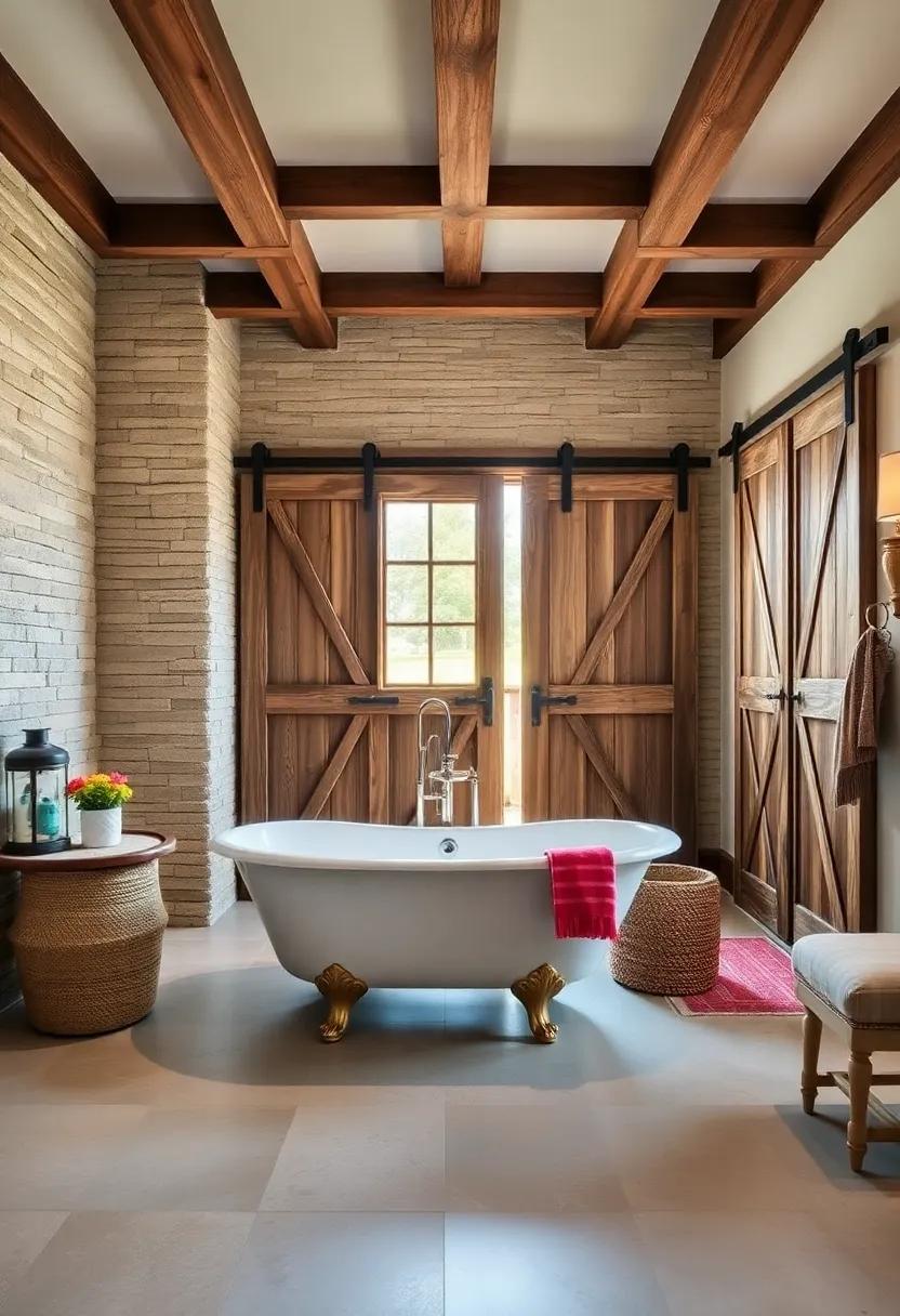 Rustic Revival: Wood beams and vintage barn doors surround a classic clawfoot tub, merging contemporary comforts with charming rustic elements