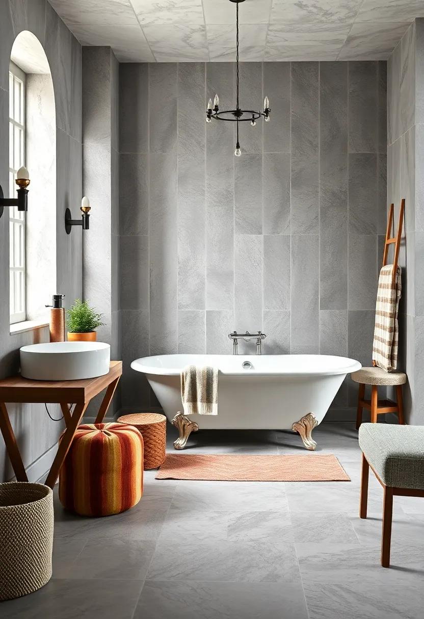 Serenity in Subtlety: Soft gray walls and understated decor create a serene environment that highlights the beauty of a simple,white clawfoot tub