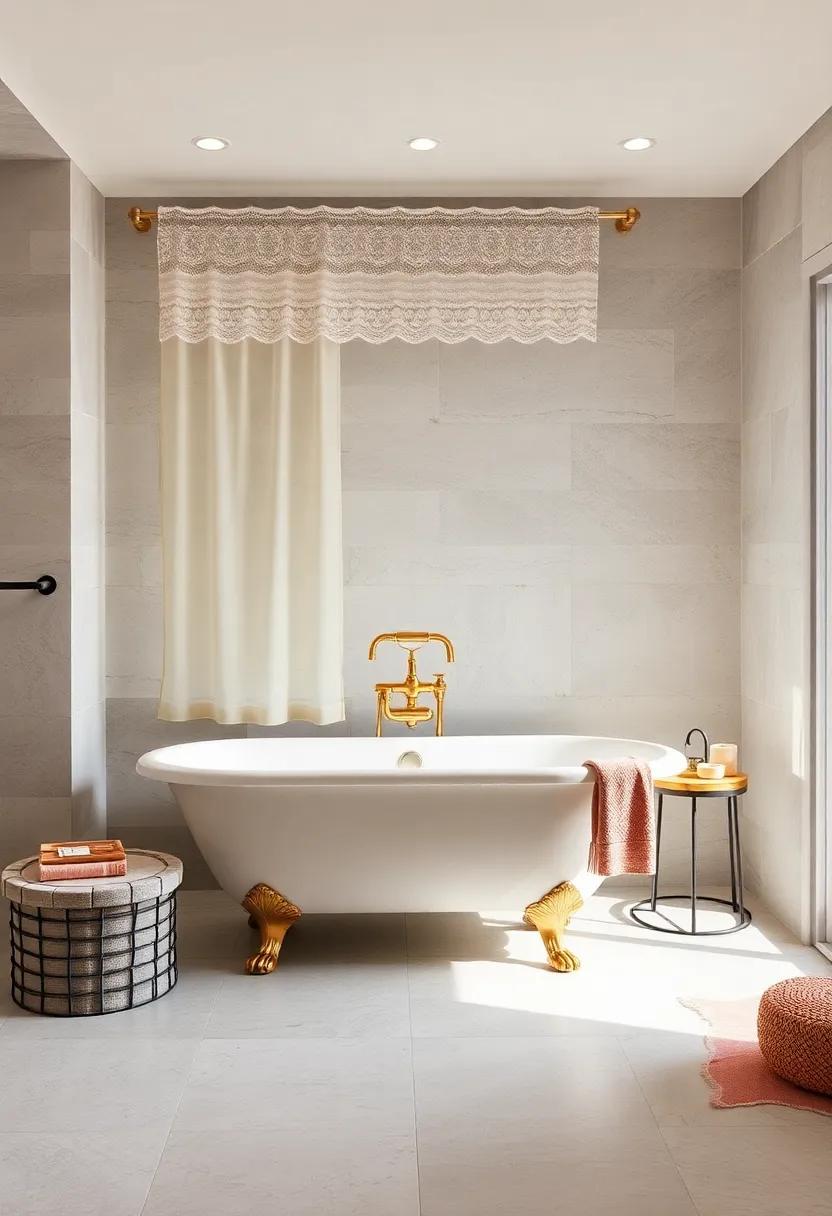 Subtle Glam: Soft gold fixtures and a lace curtain enhance the elegance of a vintage-inspired clawfoot tub, making every soak feel luxurious