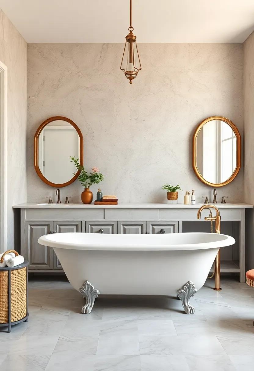 Timeless Whites: A classic white tub with ornate feet contrasts beautifully against a marble vanity and vintage mirrors infused with character