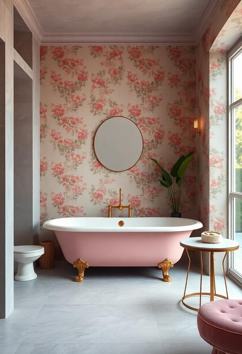 Vintage Chic: A pastel pink clawfoot tub surrounded by floral wallpaper and brass fixtures pulls you into a nostalgic sanctuary