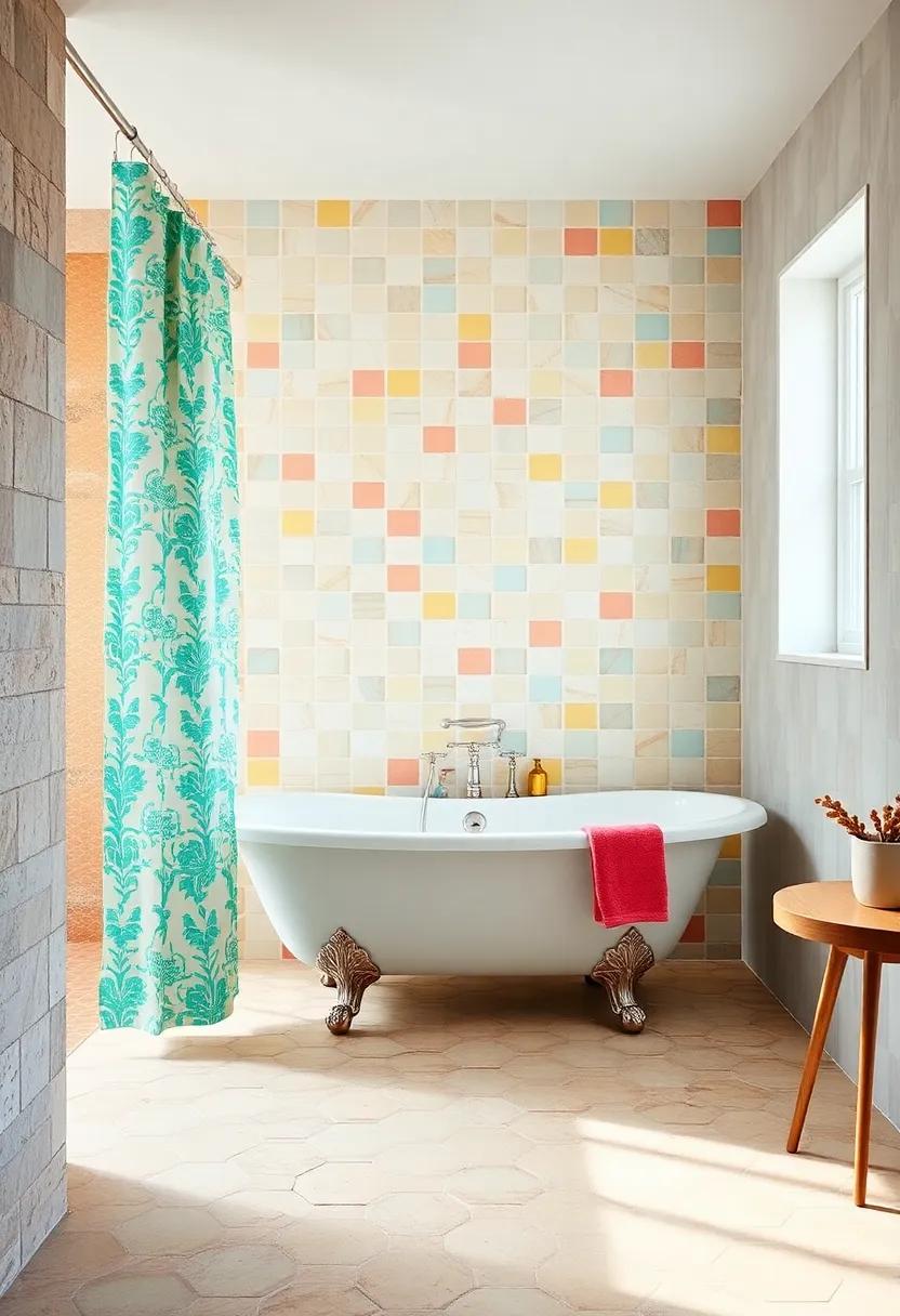 whimsical Wonderland: Brightly colored tiles and a fun, patterned shower curtain frame a cheerful clawfoot tub, perfect for spreading joy