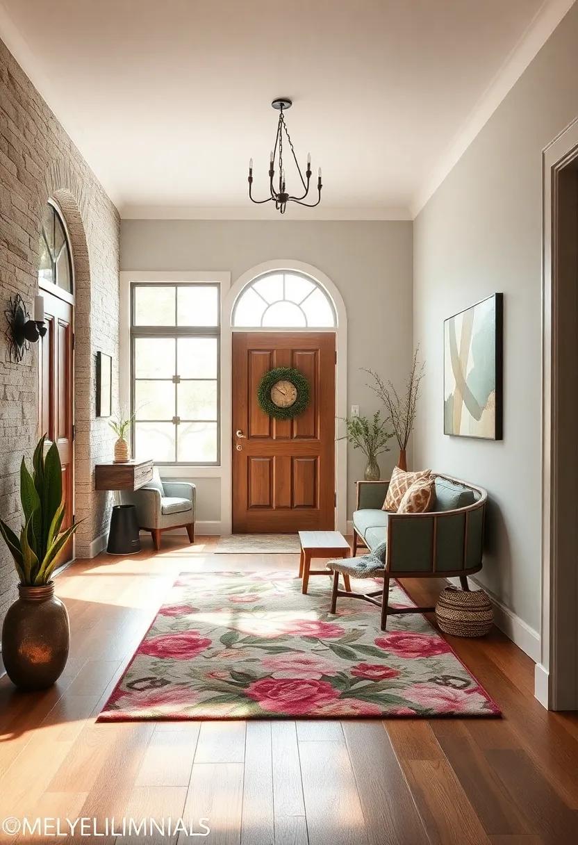 Create a warm and inviting ‌atmosphere‍ by layering a plush floral rug atop a rustic hardwood floor, enhancing the cozy feel of ⁢your home’s ‌entrance