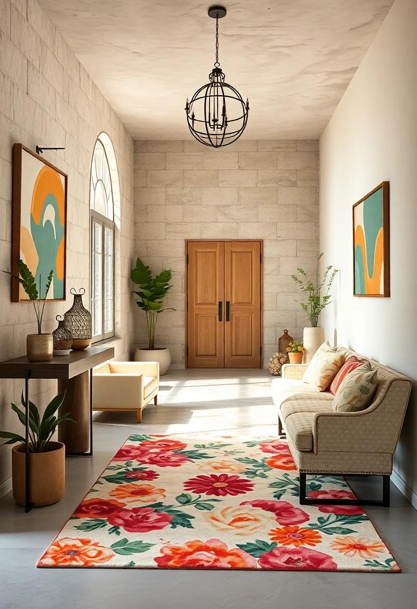 Create a playful vibe ‌by​ mixing a whimsical floral rug with contemporary art and decor, ‌crafting an entry that is both charming and eclectic