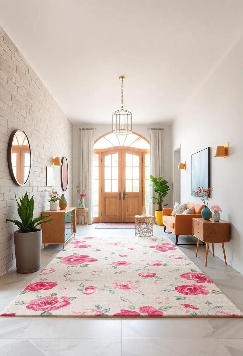 Curate an‌ entry that feels both intimate and expansive, with a soft, expansive floral⁢ rug⁤ that visually opens up the space‍ while maintaining warmth