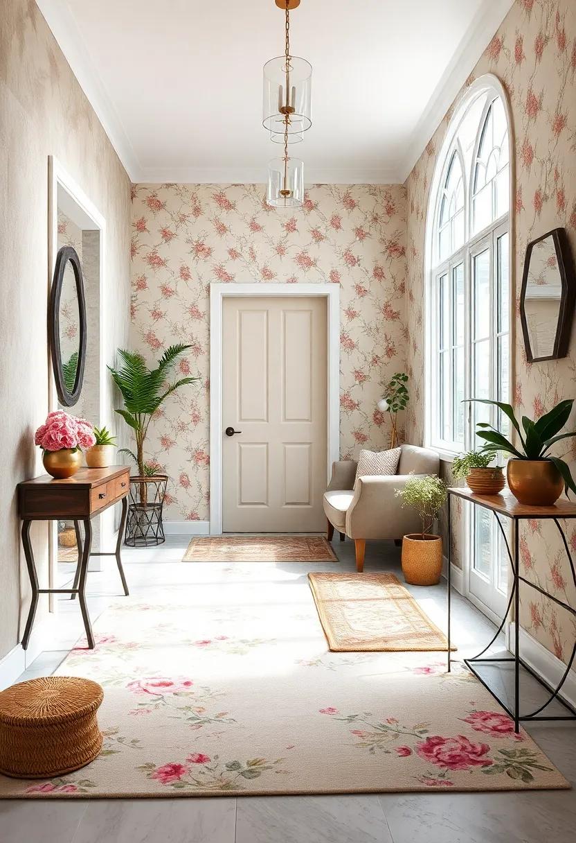 A delicate pastel floral motif sets the stage for a​ quaint entry,‍ complemented by vintage wallpaper that welcomes guests with open arms