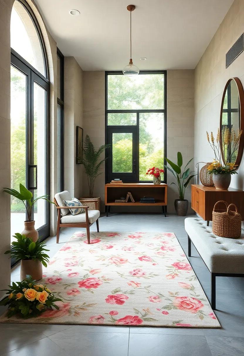 Design a ⁣welcoming entry with‍ a floral rug adorned with delicate greens and soft florals, connecting the indoors with the tranquil outdoors