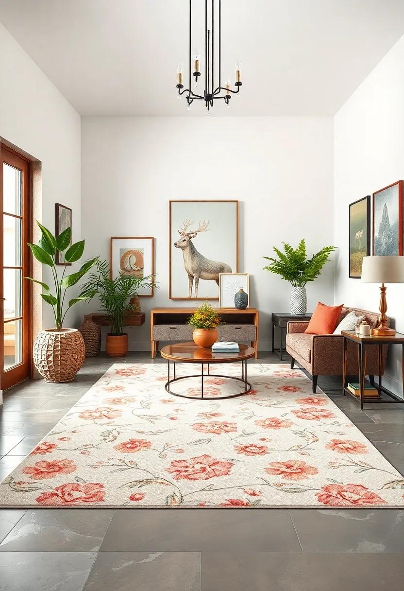 Harmonize your entryway​ with a soft, muted ⁤floral rug that invites the eye to⁢ wander through an elegantly curated collection of art ‍and home accents