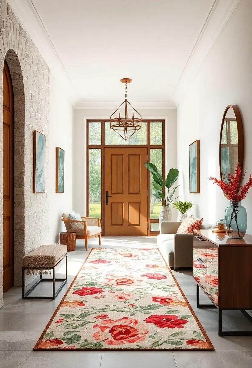 Mix modern elements with a classic floral design in your entryway, using a chic ​runner to bridge the gap between contemporary style and timeless charm