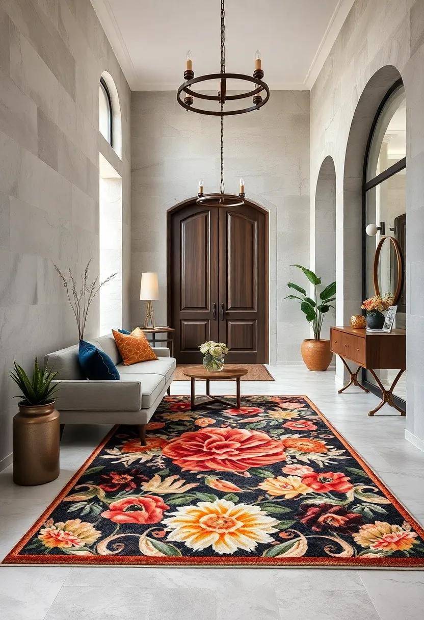 Transform your ⁢entrance with an over-sized floral rug that creates a stunning focal point, inviting visitors to pause and admire the craftsmanship of days gone by