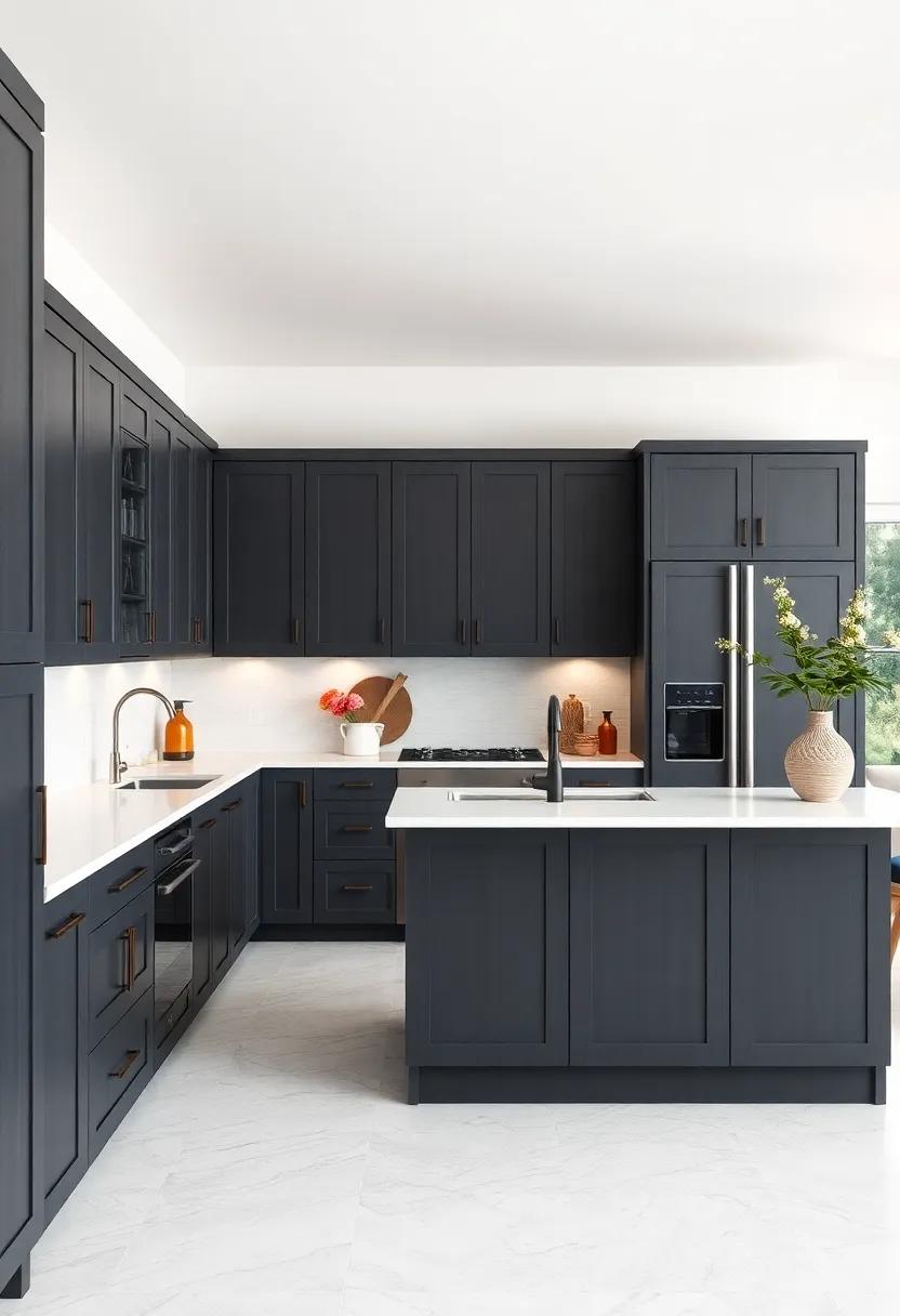 Bold contrast: Opt ⁣for dark charcoal gray ‍cabinets to create drama, highlighted by luminous‌ white quartz countertops‍ for a striking visual effect