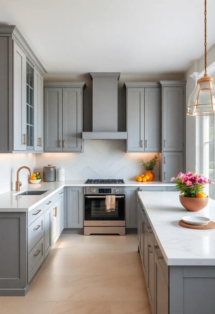 Monochromatic Magic: Stick to​ a ⁢gray-on-gray theme with light ⁢gray cabinets⁣ and quartz that carries ‌subtle ⁢gray veining for a⁤ sophisticated touch