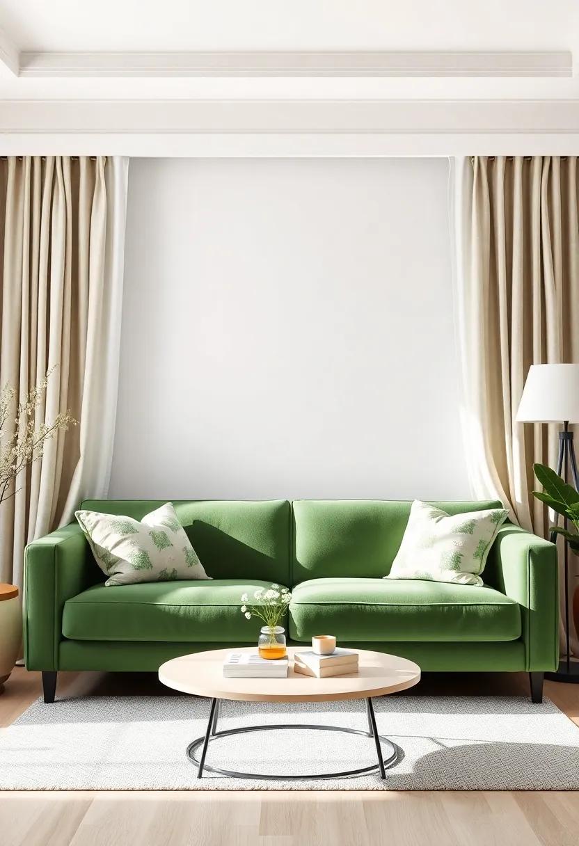 Showcasing Your Green Couch with Complementary Curtains and drapery