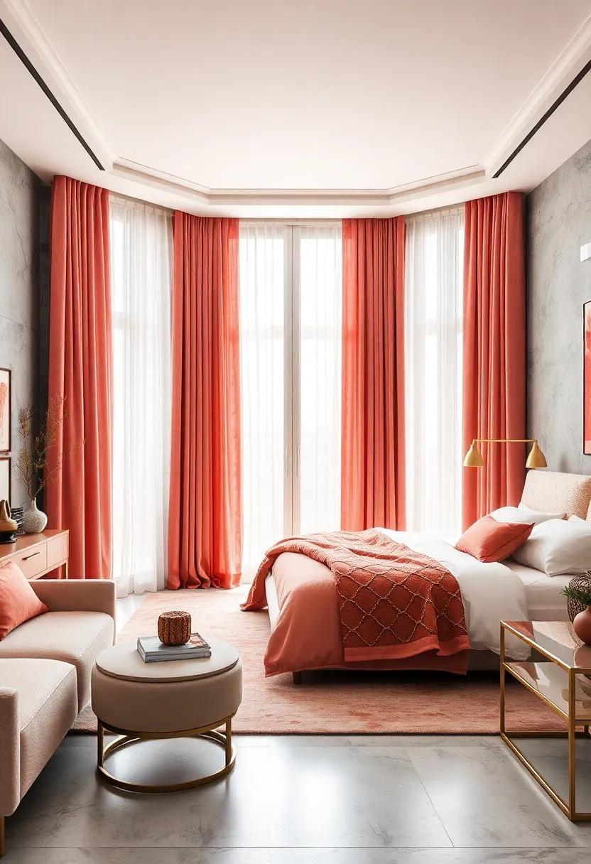 Chic Coral Drapes: Opt for flowing drapes in a soft coral silk or linen fabric, allowing natural light to filter through while maintaining privacy