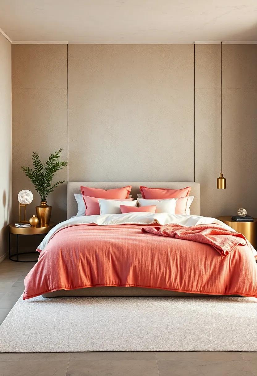 Coral textured Bedding: Invest in high-quality bedding in a rich coral shade, featuring textured fabrics that invite relaxation and luxury