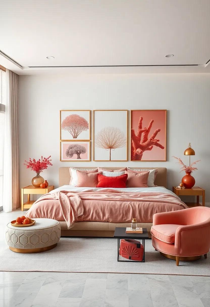 Coral and Brass Art Pieces: Curate a gallery wall featuring coral-inspired artworks combined with brass accents, bridging colors and textures for visual interest